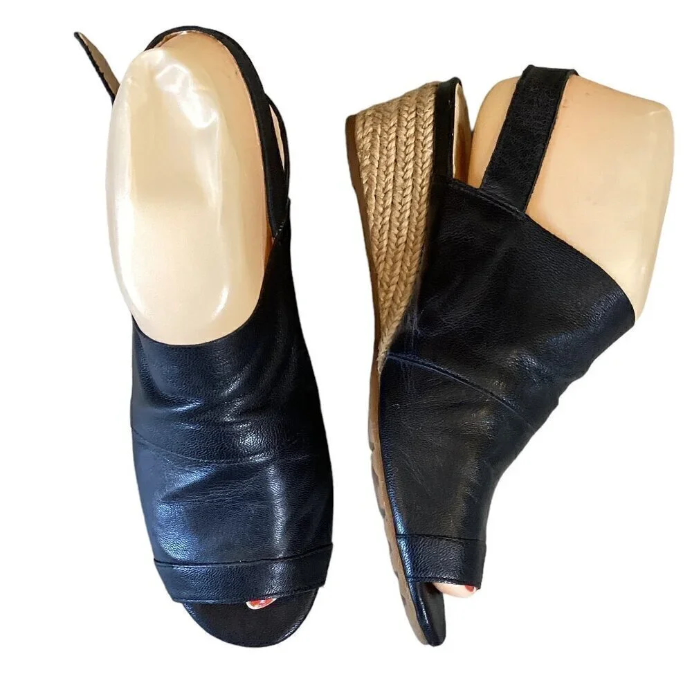 Nurture Mylene Leather Espadrille‎ Wedge Sandals Open Toe Sz 6M Black #280D
